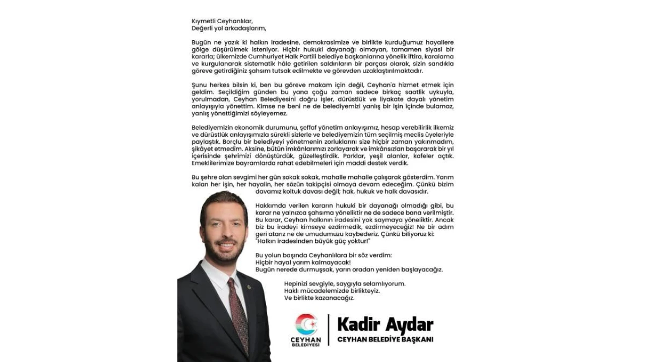 Ceyhan Belediye Başkanı Kadir Aydar’dan ilk açıklama!