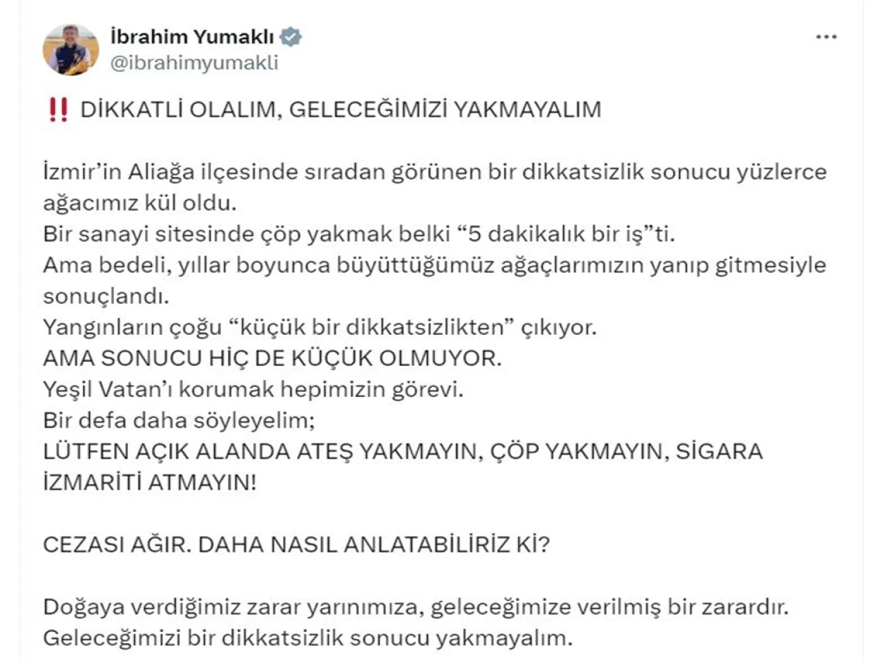 İbrahim Yumaklı: "Dikkatsizlik Sonucu Yüzlerce Ağaç Kül Oldu, Doğayı Koruyalım!"