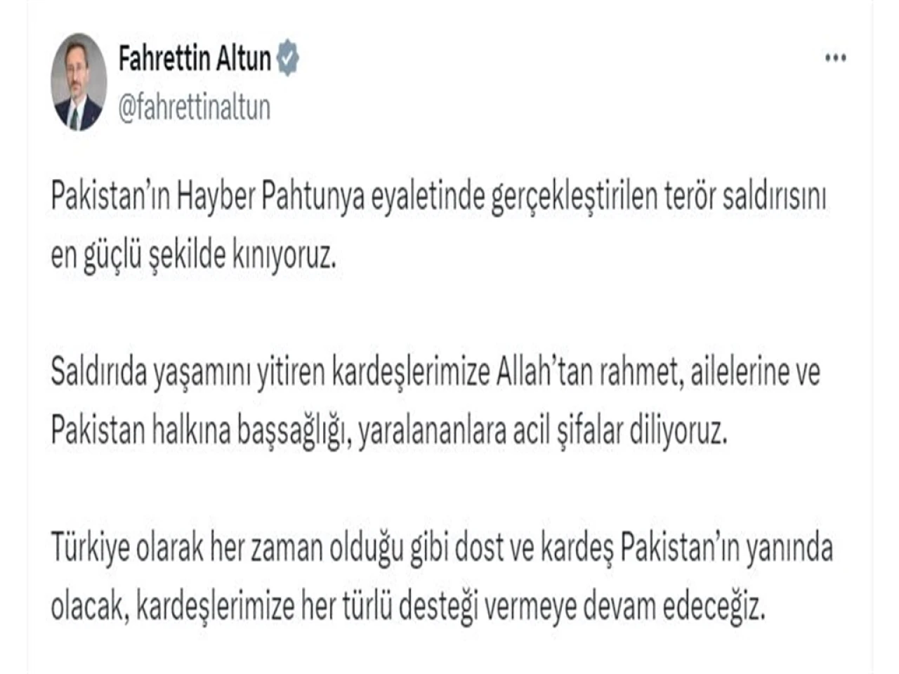 İLETİŞİM Başkanı Fahrettin Altun, Pakistan'daki Terör Saldırısını Kınadı