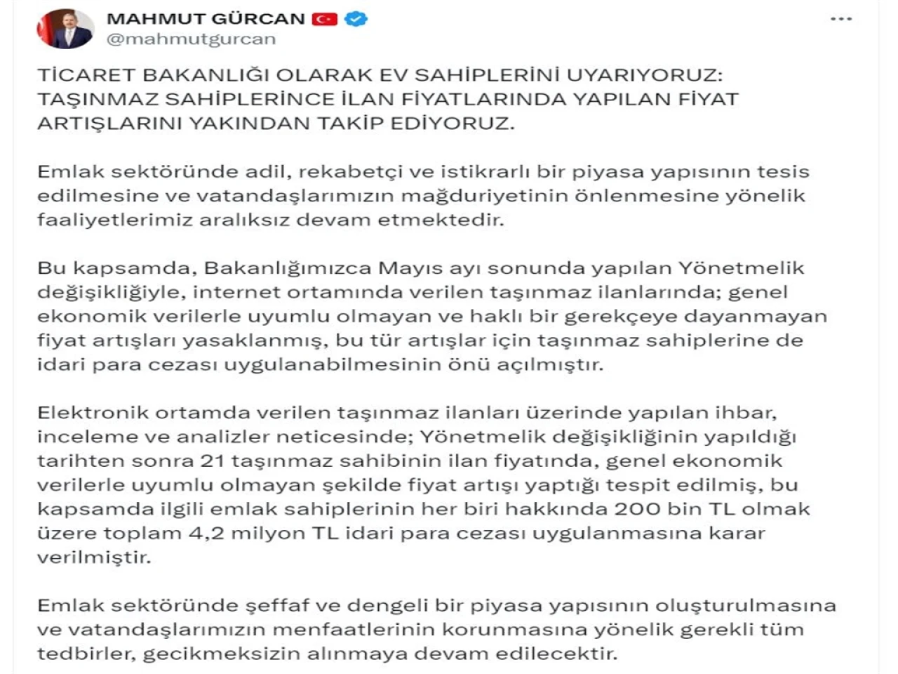 Ticaret Bakan Yardımcısı, Emlak İlanlarındaki Fiyat Artışlarına Ceza Kesti.