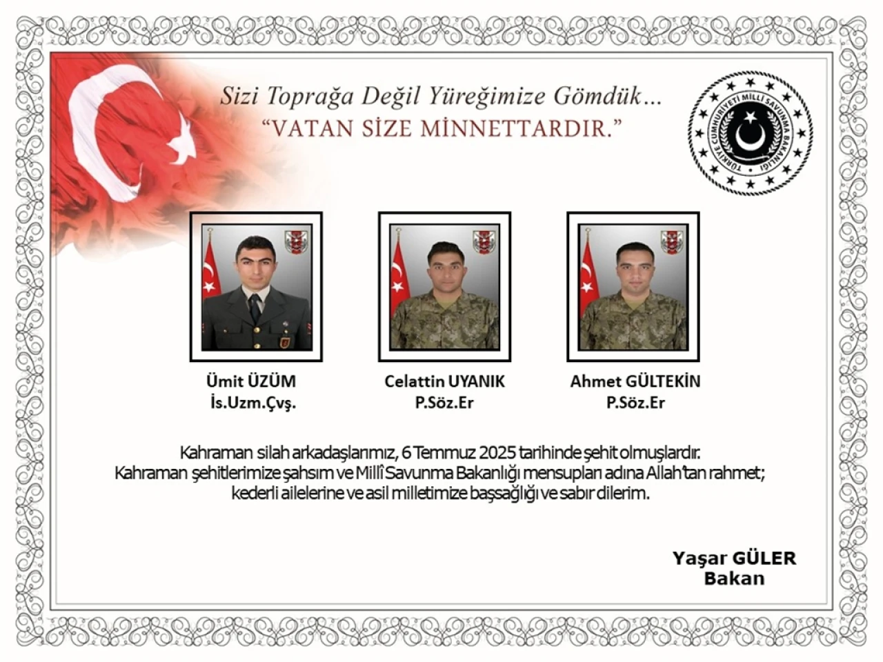 Bakan Güler'den Pençe-Kilit Harekatı Şehitleri İçin Taziye Mesajı