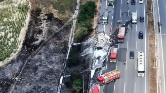 Kuzey Marmara Otoyolu'nda lastik yüklü tır alev alev yandı : Yangın tarım arazisine sıçradı