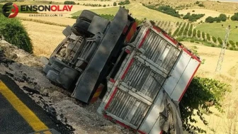 Adıyaman'da arpa yüklü kamyon şarampole devrildi : Tonlarca ürün araziye saçıldı