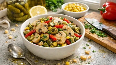 Limonlu suda pişirildiğinde renk değiştirmeyen mantar salatası tarifi: köz biber ve turşu ile zenginleştirildi