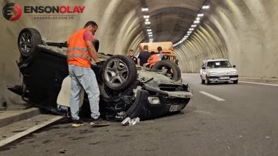 Tıra çarpan araç takla attı