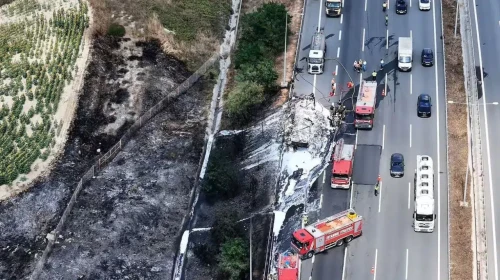 Kuzey Marmara Otoyolu'nda lastik yüklü tır alev alev yandı : Yangın tarım arazisine sıçradı