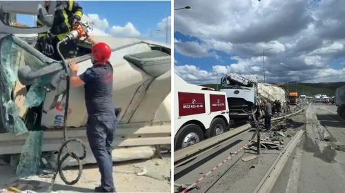 Beton mikseri bariyerlerin arasına devrildi: Sürücü kabinde sıkıştı