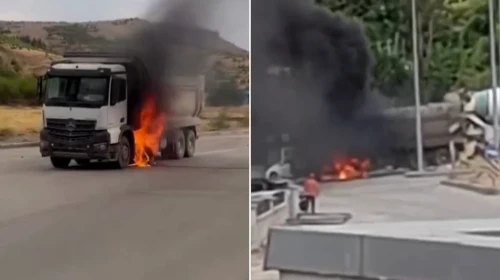 Beton mikserinden yangın söndürme operasyonuyla kamyona müdahale edildi