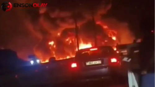 Kazakistan'da 22 ton sentetik yağ taşıyan tırın alev alev yanması olayı büyük endişe yarattı