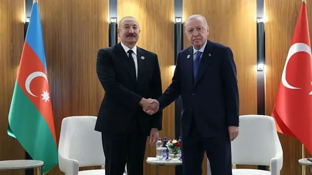 İki siyah takım elbiseli adam ülke bayrakları arasında el sıkışıyor. Erdoğan sağ tarafta duruyor.