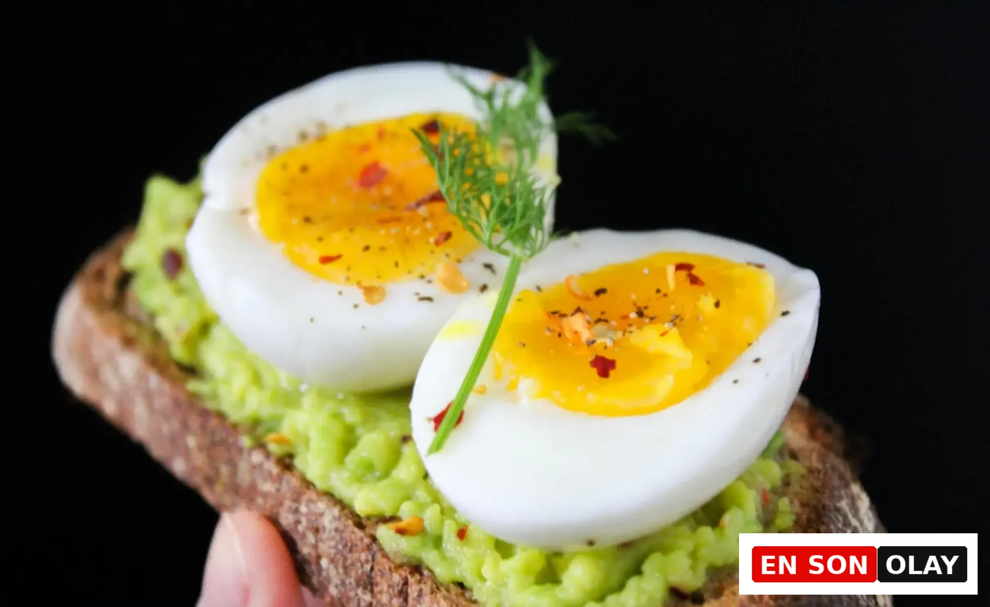 Avokado püresi üzerine yerleştirilmiş haşlanmış yumurta ve baharatlarla hazırlanan sağlıklı avokadolu tost close-up görünüm