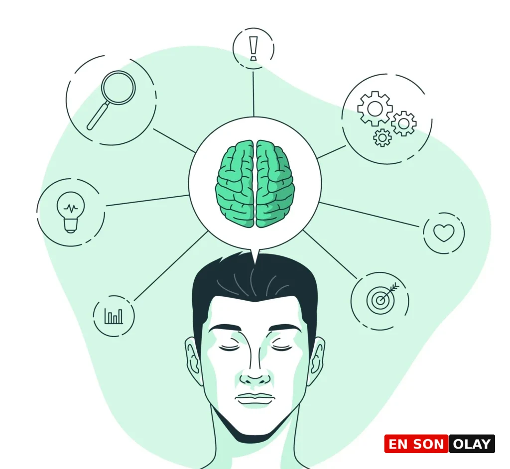 Meditasyon yapan bir adamın zihninde beliren beyin simgesi ve düşünce odaklı simgelerle aşırı düşünmeyi temsil eden vektörel illüstrasyon.