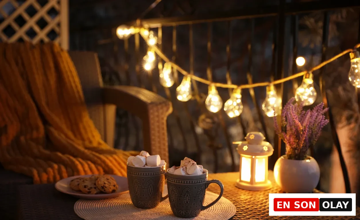 Karanlık bir kış gecesinde, şık ip ışıklarla ışıklandırılmış bir balkonda, üzerleri bol marshmallowlu sıcak içecekler, yanında kurabiyeler ve parlayan bir fenerin samimi ambiyans oluşturduğu sıcak ve huzurlu bir köşe.