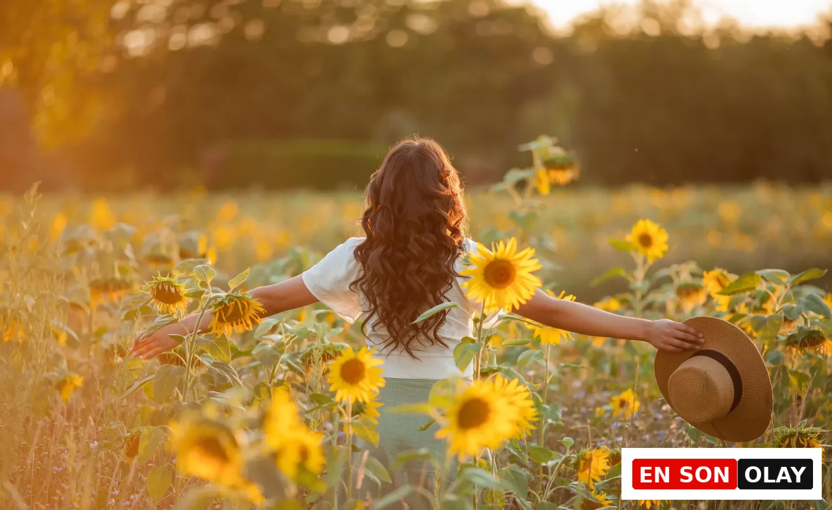 Gün batımında ayçiçekleriyle dolu bir tarlada kolları açık, samandan şapkasını tutarak duran uzun dalgalı saçlı genç bir kadın, B12 vitamini eksikliği ile gelen yorgunluk ve beyin sisi gibi belirtilerden uzak, yaşam enerjisi dolu sağlıklı bir bireyin huzurunu yansıtıyor.