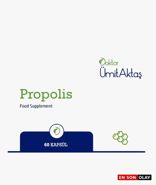 Beyaz bir zeminde, Doktor Ümit Aktaş logosu ve isminin sağ üstte konumlandığı, yeşil Propolis başlığı ve altında Food Supplement yazısıyla belirtilen 60 kapsüllük bir gıda takviyesi kutusunun net bir görüntüsü, sağ altta ise propolis benzeri bir hücre kümesi grafiği yer alıyor.