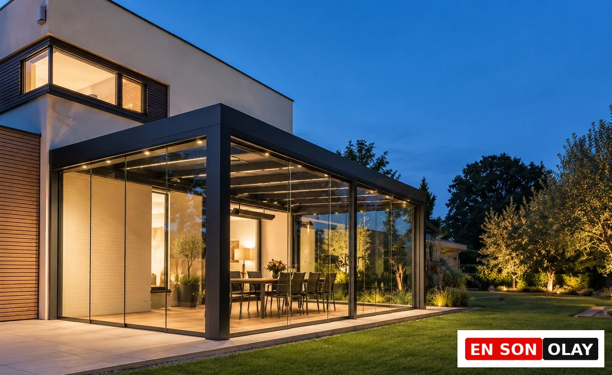 Modern bir villanın dış cephesine entegre edilmiş, şık siyah çerçeveli sürgülü cam panellerle çevrili, içinde aydınlatmalı yemek masası ve bitkilerin bulunduğu, akşam karanlığında bahçe ışıklarıyla vurgulanan davetkar bir kış bahçesi tasarımı.