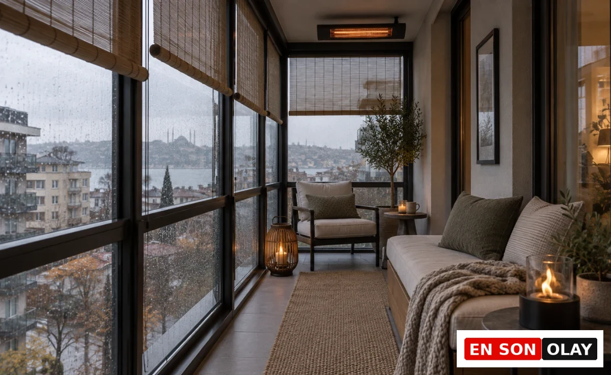 Yağmurlu bir havada İstanbul'un tarihi siluetine bakan, infrared ısıtıcılı ve bambu perdelerle donatılmış bu ferah kış bahçesi, yumuşak battaniye ve yanan mumlarla dolu modern bir kanepenin yanı sıra, konforlu bir koltuk ve dekoratif bitkilerle kış bahçesi dekorasyon fikirlerine ilham veriyor.