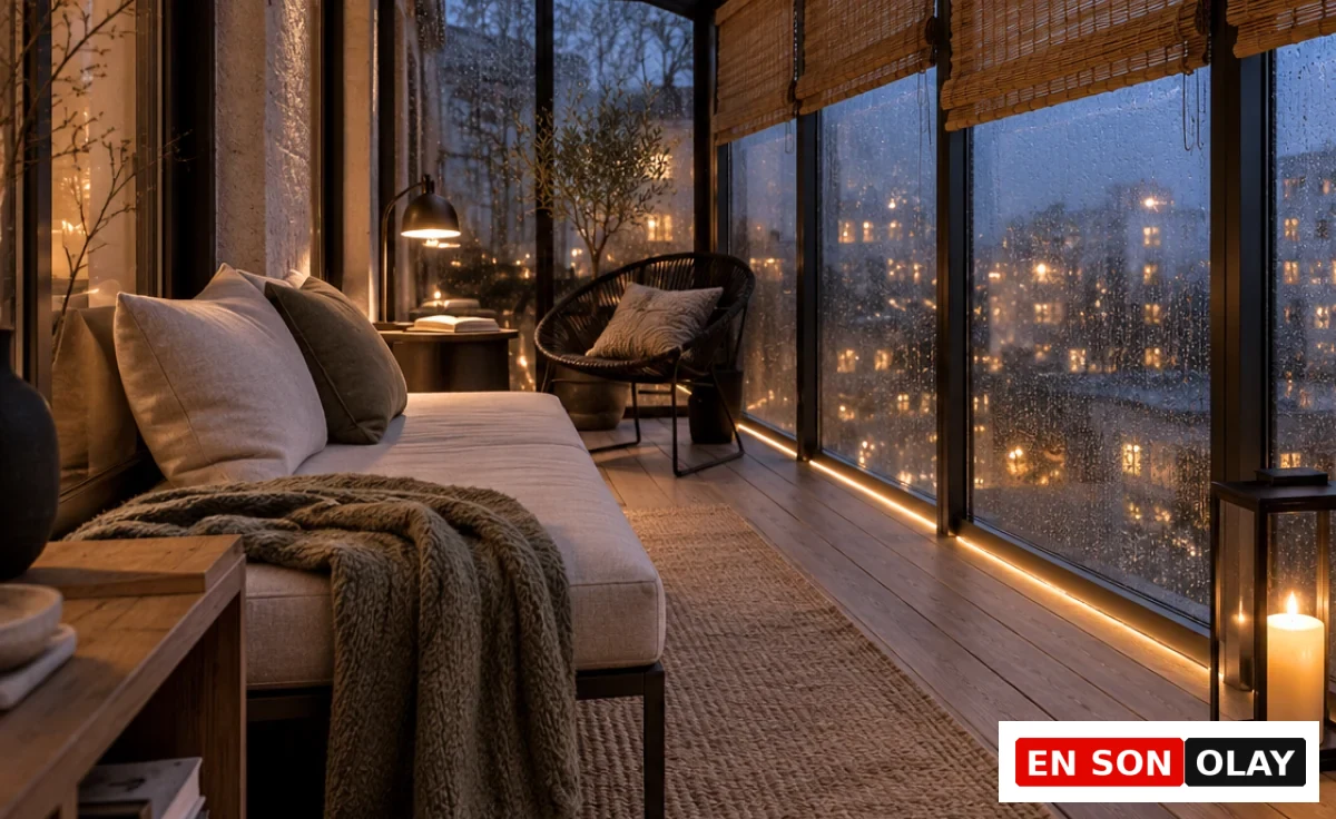 Bu fotoğrafta, yağmurlu bir gecede dışarıdaki şehir ışıklarıyla aydınlanan cam balkon, konforlu bir daybed, örgü battaniye, yastıklar, okuma lambası ve mum feneriyle sıcak bir kış bahçesi dekorasyon fikri sunuyor.