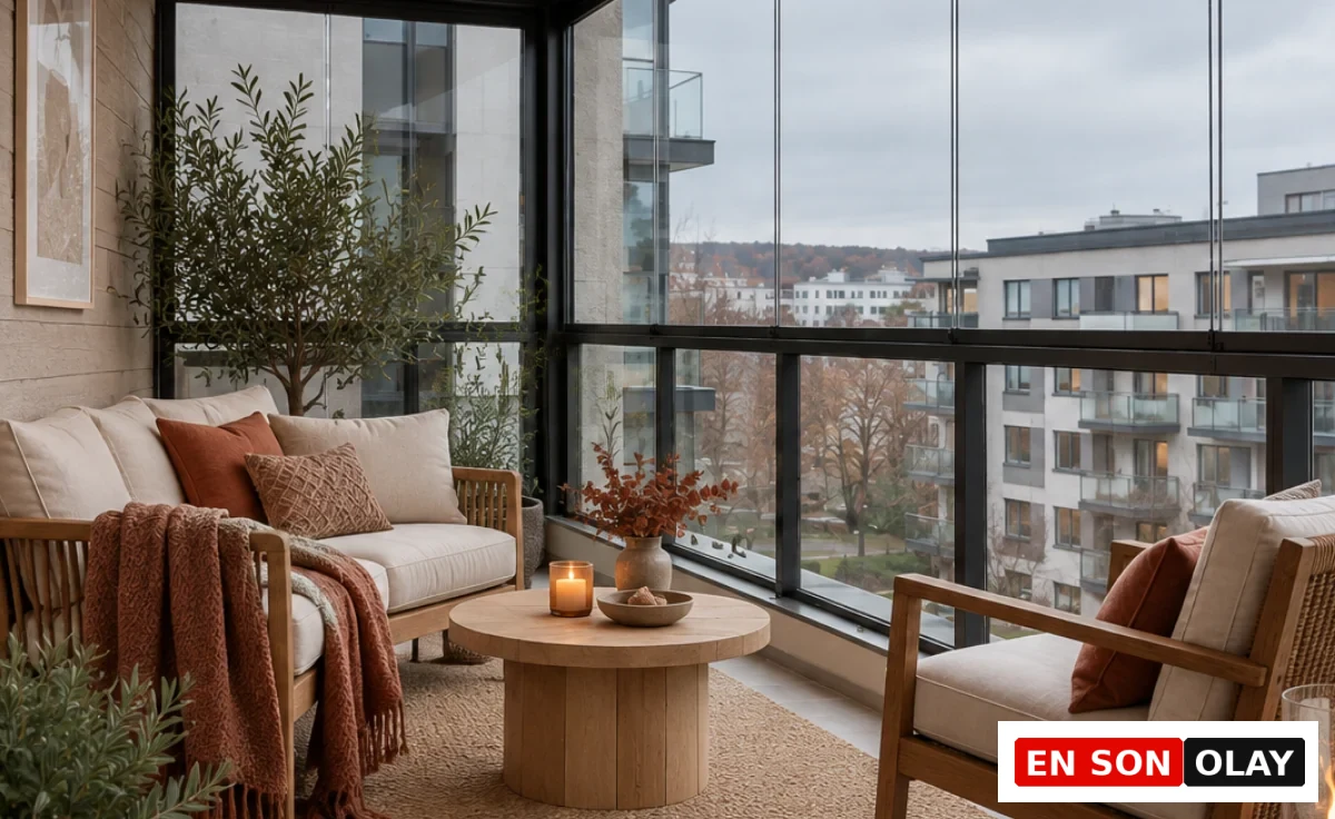 Geniş cam balkon panelleriyle çevrili modern bir kış bahçesi, açık renk ahşap oturma grubu, rustik kahverengi battaniye ve kırlentlerle sıcak bir atmosfer sunarken, ortadaki ahşap sehpada yanan mum ile huzurlu bir şehir manzarası eşliğinde konforlu bir dinlenme alanı oluşturuyor.