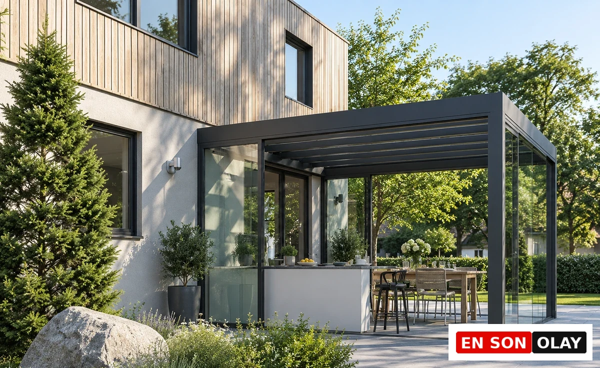Modern bir villanın bahçesinde, ahşap detaylı evin ön cephesine entegre edilmiş, koyu gri lamel tavanlı biyoklimatik pergola ve şık cam duvarlarla çevrili, içinde yemek masası ve bar alanı bulunan ferah bir kış bahçesi görülüyor.