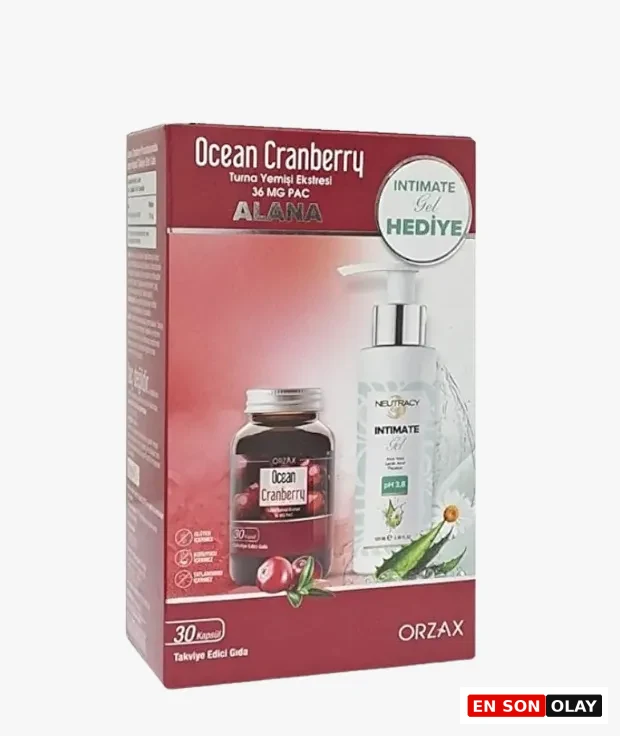Beyaz arka plan önünde duran, Ocean Cranberry Turna Yemişi Ekstresi adlı kapsül formunda bir takviye edici gıda şişesi ve yanında Neutracy İntim Jel içeren kırmızı-beyaz bir ürün kutusu, turna yemişinin antioksidan ve idrar yolu sağlığı faydaları vurgusuyla sunuluyor.