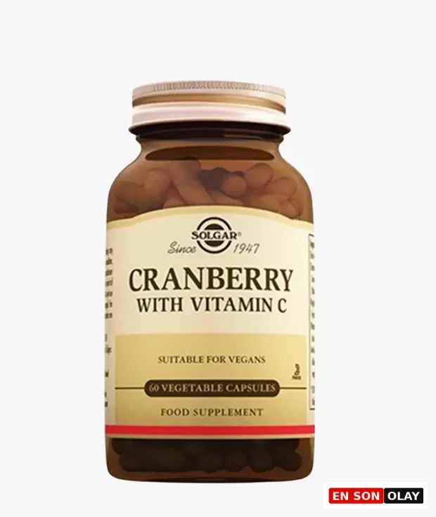 Solgar markasına ait, üzerinde Cranberry with Vitamin C yazan, 60 bitkisel kapsül içeren kahverengi cam takviye şişesi, içindeki turna yemişi ve C vitamini bileşimiyle vücudun antioksidan kapasitesini ve hücresel savunmasını desteklemeyi amaçlıyor.