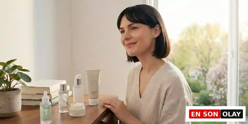 Pencere kenarında doğal gün ışığında oturan kadın, ahşap şifonyer üzerinde serum, krem ve SPF içeren cilt bakım ürünleriyle sade ve aydınlık bir sabah rutini anı.