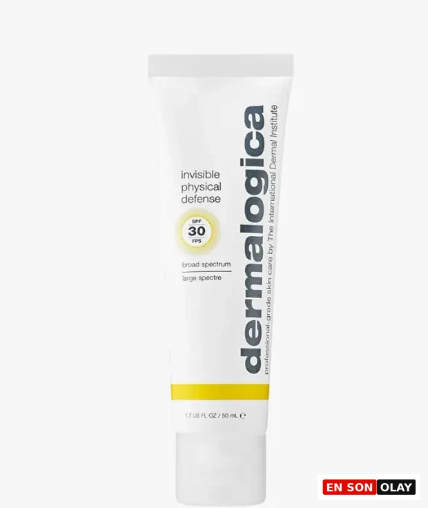 Dermalogica Invisible Physical Defense SPF 30, broad spectrum koruma sağlayan mineral güneş kremi; beyaz tüp ambalaj ve sarı bant detaylı tasarım, sade arka plan üzerinde.