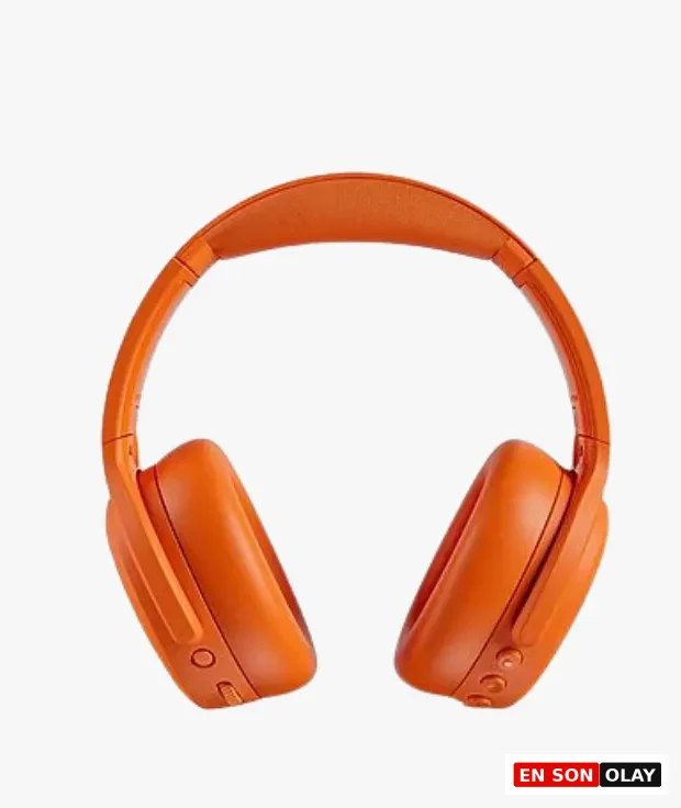 Turuncu Skullcandy Crusher ANC 2 kablosuz kulak üstü kulaklık, geniş kulak yastıkları ve kafa bandıyla önden görünüm.