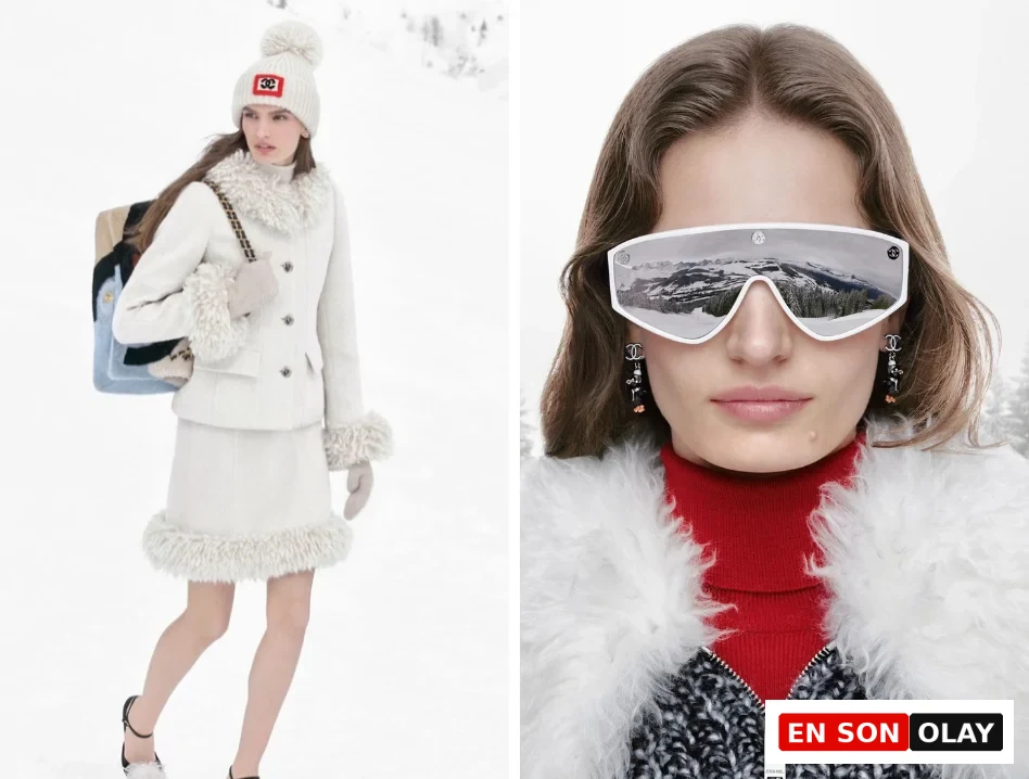 Karlı bir kış manzarasında, Chanel Coco Neige 2026 koleksiyonundan iki farklı görünüm: Chanel logolu beyaz beresi, kürklü beyaz ceketi ve etek takımıyla zarif bir model ile kayak gözlüklerinin dağları yansıttığı, kırmızı boğazlı kazağı ve kutup ayısı figürlü küpeleriyle yakın çekimdeki diğer model, Retro Kayak Modası'na modern bir dokunuş sunuyor.