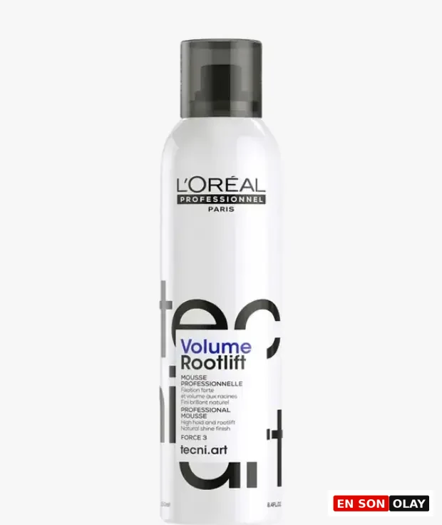 L'Oréal Professionnel markasına ait, üstünde siyah Tecni.art ve mor Volume Rootlift yazıları bulunan, beyaz renkli, saçlara hacim veren dip köpüğü olarak bilinen sprey şişesi beyaz bir arka plan önünde sergileniyor.