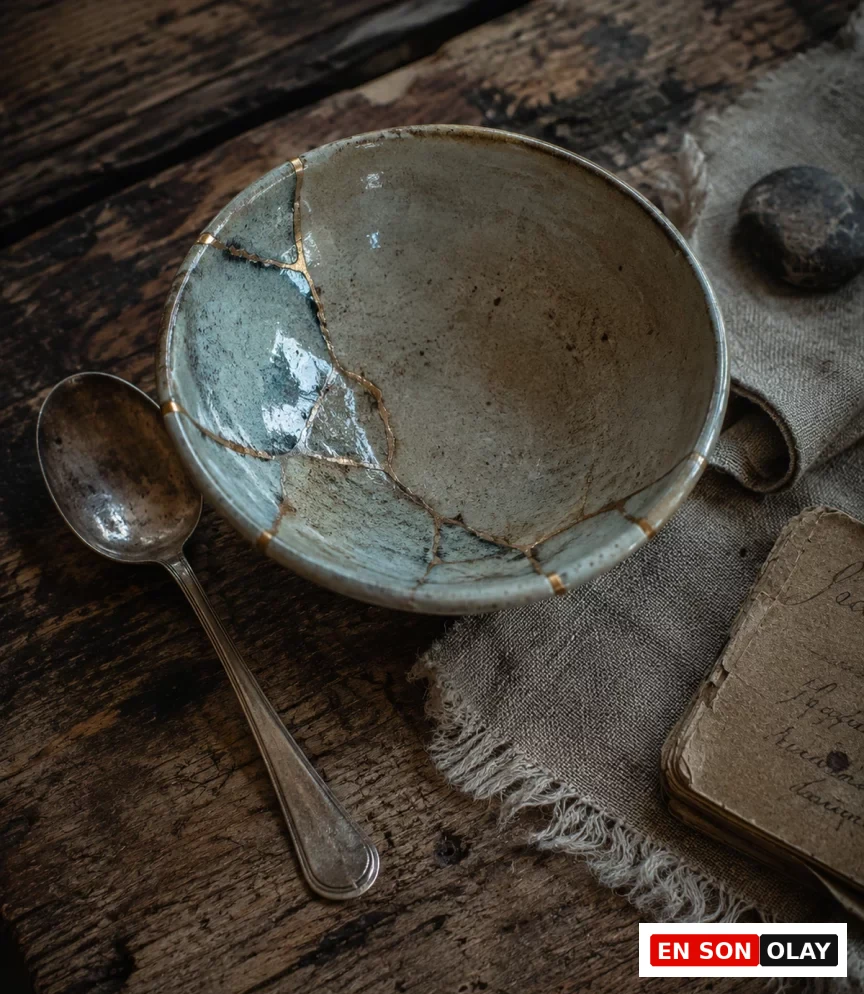 Koyu renkli rustik ahşap bir yüzey üzerinde, wabi-sabi estetiğini yansıtan, altın çizgilerle özenle onarılmış, mavi-yeşil tonlarında bir kintsugi seramik kase, yanında eski gümüş bir kaşık, dokulu çuval bezi, yuvarlak bir taş ve el yazması sayfalarla dolu yıpranmış bir defterle birlikte huzurlu bir kompozisyon oluşturuyor.