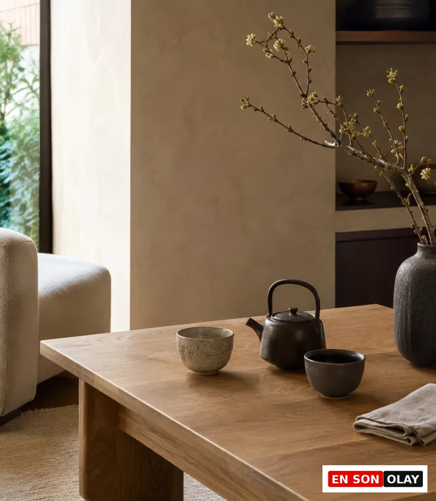 Ahşap bir sehpada, wabi-sabi dekorasyon tarzına uygun, doğal tonlarda bir demlik, iki seramik çay kasesi ve çiçek açmış bir dalın olduğu vazo ile sade ve huzurlu bir çay seremonisi anı yansıtan, minimalist bir oda detayı.