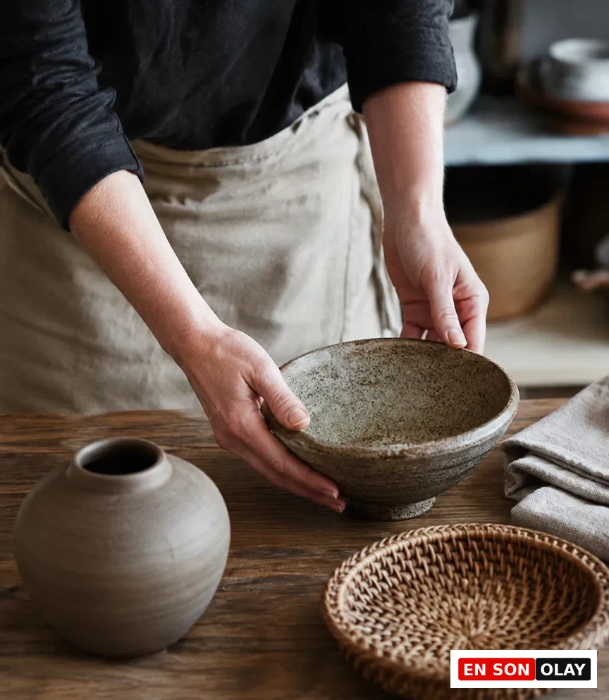 Wabi-sabi estetiğini yansıtan, dokulu el yapımı seramik bir kaseyi nazikçe kavrayan ellerin, rustik ahşap bir masa üzerinde duran pürüzsüz bir seramik vazo ve hasır bir tabak ile birlikte gösterildiği detaylı bir görüntü.