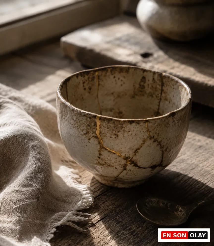 Rustik ahşap bir masa üzerinde, altınla onarılmış çatlakları belirgin olan, açık renkli ve dokulu bir kintsugi seramik kase, yıpranmış keten bir bez ve eski bir kaşıkla birlikte doğal gün ışığında huzurlu bir kompozisyon oluşturarak wabi-sabi felsefesinin özünü yansıtıyor.
