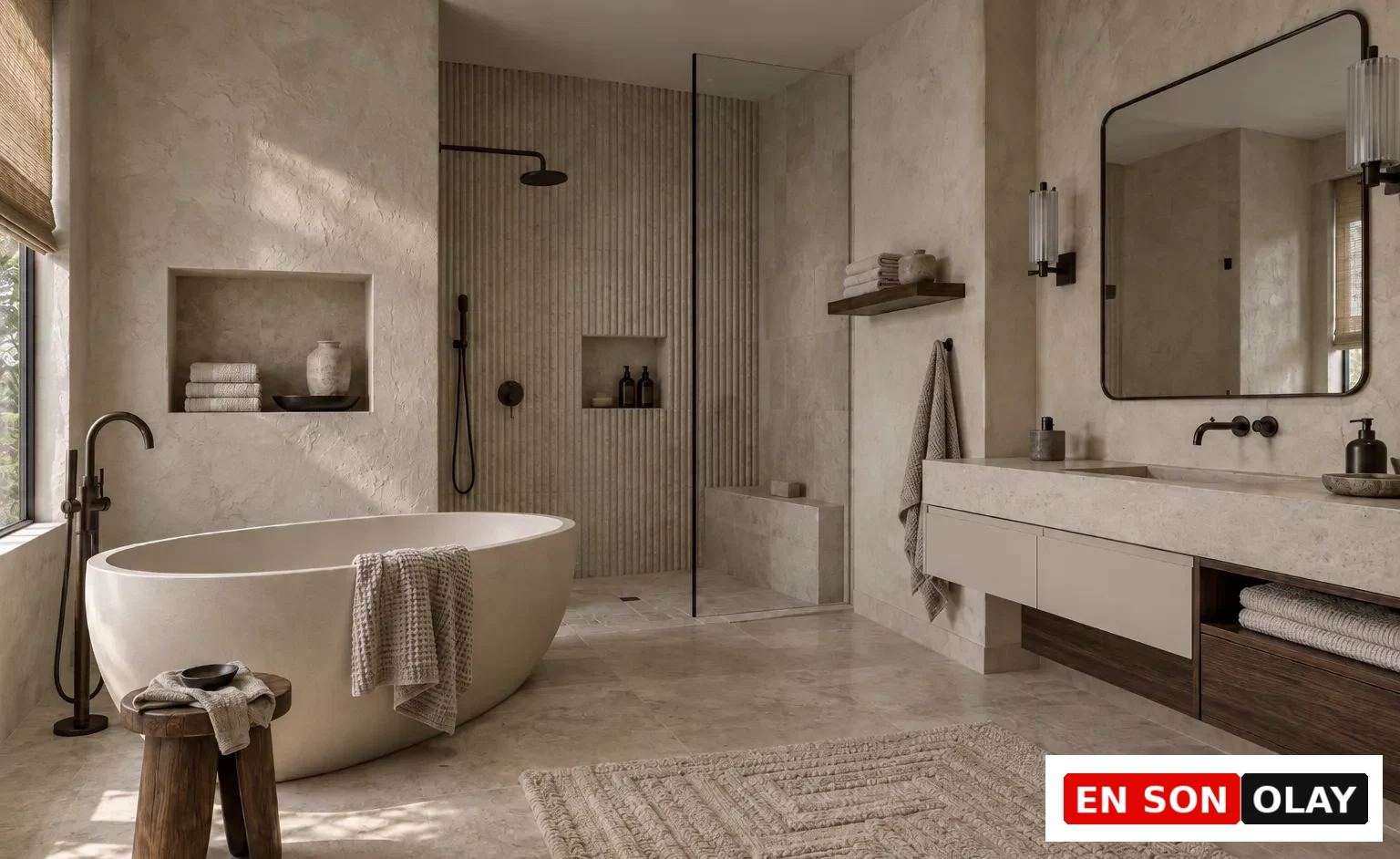 Fildişi ve bej tonların hakim olduğu bu modern banyo tasarımında, doğal ışık alan geniş penceresiyle ferah bir atmosfer sunan serbest duran küvet, cam duşakabin, koyu armatürler ve ahşap detaylarla zenginleşen lavabo ünitesi öne çıkıyor.