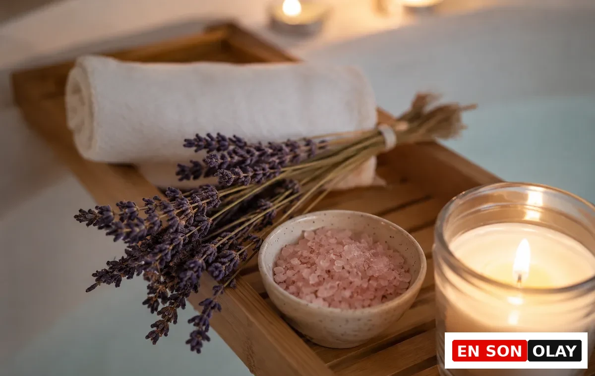 Ahşap bir küvet tablasının üzerinde, banyo suyunun hemen üstünde, rahatlatıcı bir spa ritüeli için hazırlanmış beyaz havlu, mor lavanta demeti, pembe banyo tuzu içeren kase ve yanan bir mum yer alıyor.