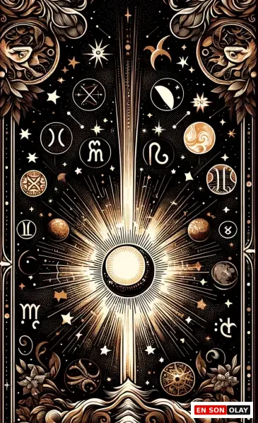 Karanlık gökyüzünde ışık saçan bir güneşin etrafını yıldızlar, gezegenler ve astrolojik burç sembolleri sararken, bu sanatsal ve karmaşık illüstrasyon yükselen burçların nasıl hesaplandığını anlatan evrensel astroloji elementlerini ve etkileşimlerini sergiliyor.
