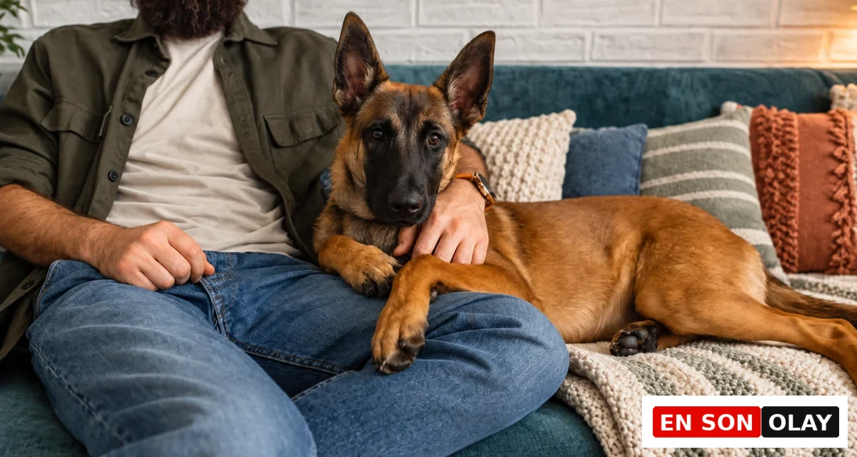 Bir kanepe üzerinde oturan sakallı bir adamın bacakları arasına başını koymuş, kahverengi ve siyah yüzlü bir Malinois cinsi köpeği severken çekilmiş samimi bir fotoğraf, bu sadık dostun evde yaşamaya ne kadar uyumlu olabileceğini gösteriyor.