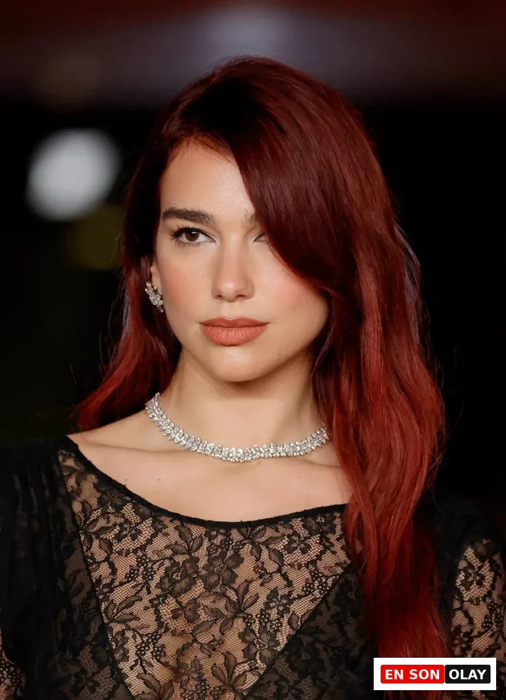 Dua Lipa, omuzlarına dökülen parlak kızıl dalgalı saçları, dikkat çekici elmas gerdanlığı ve siyah dantelli bluzuyla doğrudan kameraya bakarken, bakışlarıyla adeta esmerlere yakışan saç renkleri konusunda ilham veriyor gibi görünüyor.