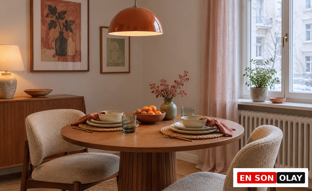 Toprak ve pastel aksanlarla şık bir kış dekorasyonu örneği sunan bu yemek odasında, ahşap yuvarlak yemek masası ve bej bukle sandalyeler, masadaki portakallar, kırmızı meyveli dallar ve duvardaki sanat eserleriyle tamamlanıyor, dışarıdaki kar manzarası ise atmosferi pekiştiriyor.