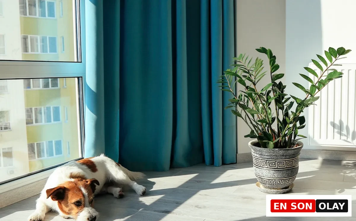 Güneş ışığının zemine vurduğu modern bir odada, pencerenin önünde uzanmış beyaz ve kahverengi benekli bir köpek, hemen yanında ise süslü gri saksısında yemyeşil yapraklarıyla büyüyen sağlıklı bir ZZ bitkisi olan Zamioculcas zamiifolia görülüyor.