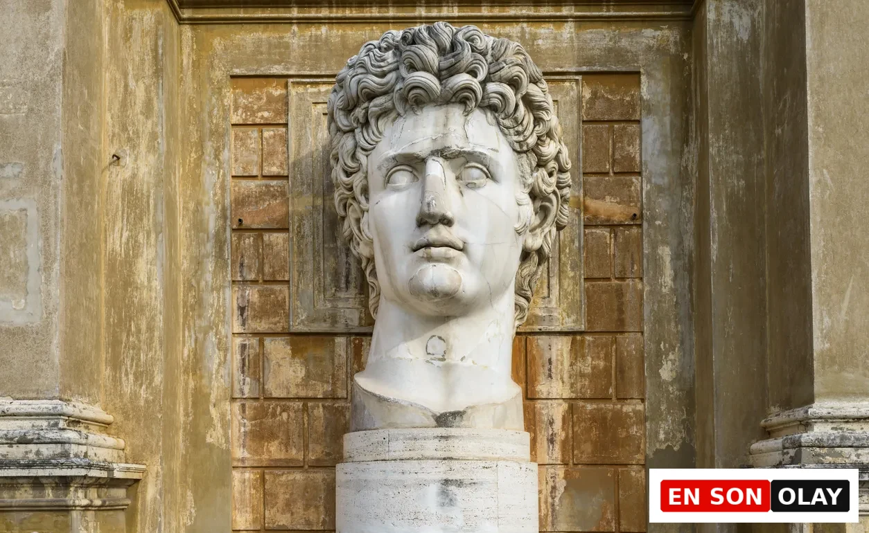 Ensonolay - Festina Lente: Hız Çağında Kontrolü Hatırlatan Antik Felsefe. Kavramın tarihi öncüsü Roma İmparatoru Augustus'un beyaz mermer büstü, geometrik dokulu sıcak tonlu taş duvar önünde yükseliyor. Heykelin sakin yüz ifadesi, makaledeki zihinsel denge mesajını yansıtıyor.
