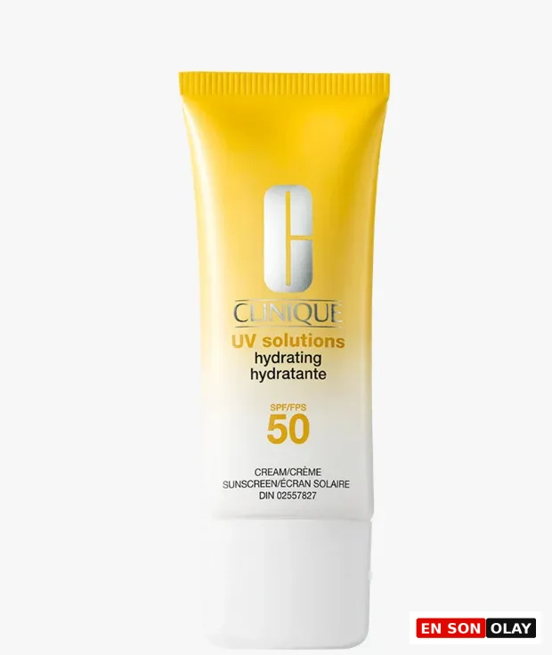 Clinique UV Solutions nemlendirici güneş kremi, parlak sarıdan beyaza doğru degrade olan tüp ambalajında, ön yüzünde markanın logosu ve büyük harflerle UV Solutions hydrating hydratante SPF/FPS 50 ibaresi ile beyaz kapaklı olarak detaylı bir şekilde gösterilmiştir.