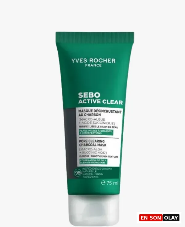 Yves Rocher markasına ait, yeşil ve gri renk geçişli tüp ambalajında sunulan, Sebo Active Clear serisinden Pore Clearing Charcoal Mask olarak bilinen, cildi arındırıcı ve gözenek sıkılaştırıcı özelliklere sahip, makro-alg ve süksinik asit ile zenginleştirilmiş 75 ml'lik kömür maskesi.
