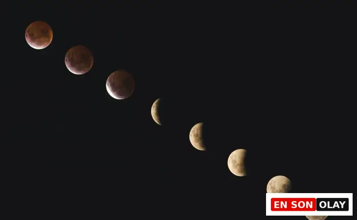 Karanlık bir gecede, koyu kırmızı tonlardan başlayarak zamanla daha parlak ve sarımsı bir renge bürünen Ay'ın sekiz farklı evresi, bir ay tutulması anını detaylı bir şekilde gözler önüne seriyor.