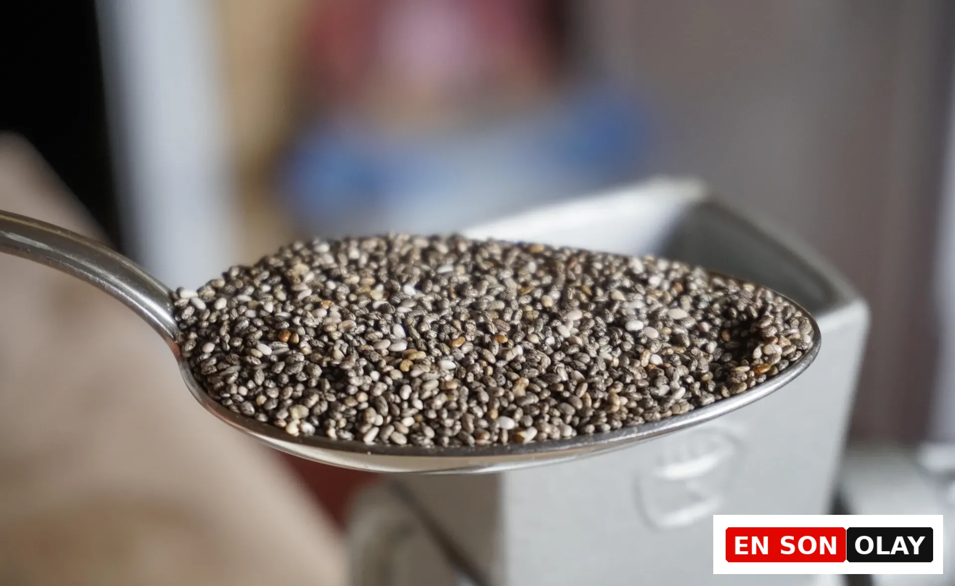 Gümüş renkli bir yemek kaşığının üzerinde, koyu gri, siyah ve açık bej tonlarında binlerce küçük ve benekli chia tohumu net bir şekilde görülüyor; bu küçük tohumlar, bilimsel kanıtlarla desteklenen sayısız faydasıyla birer besin deposu.