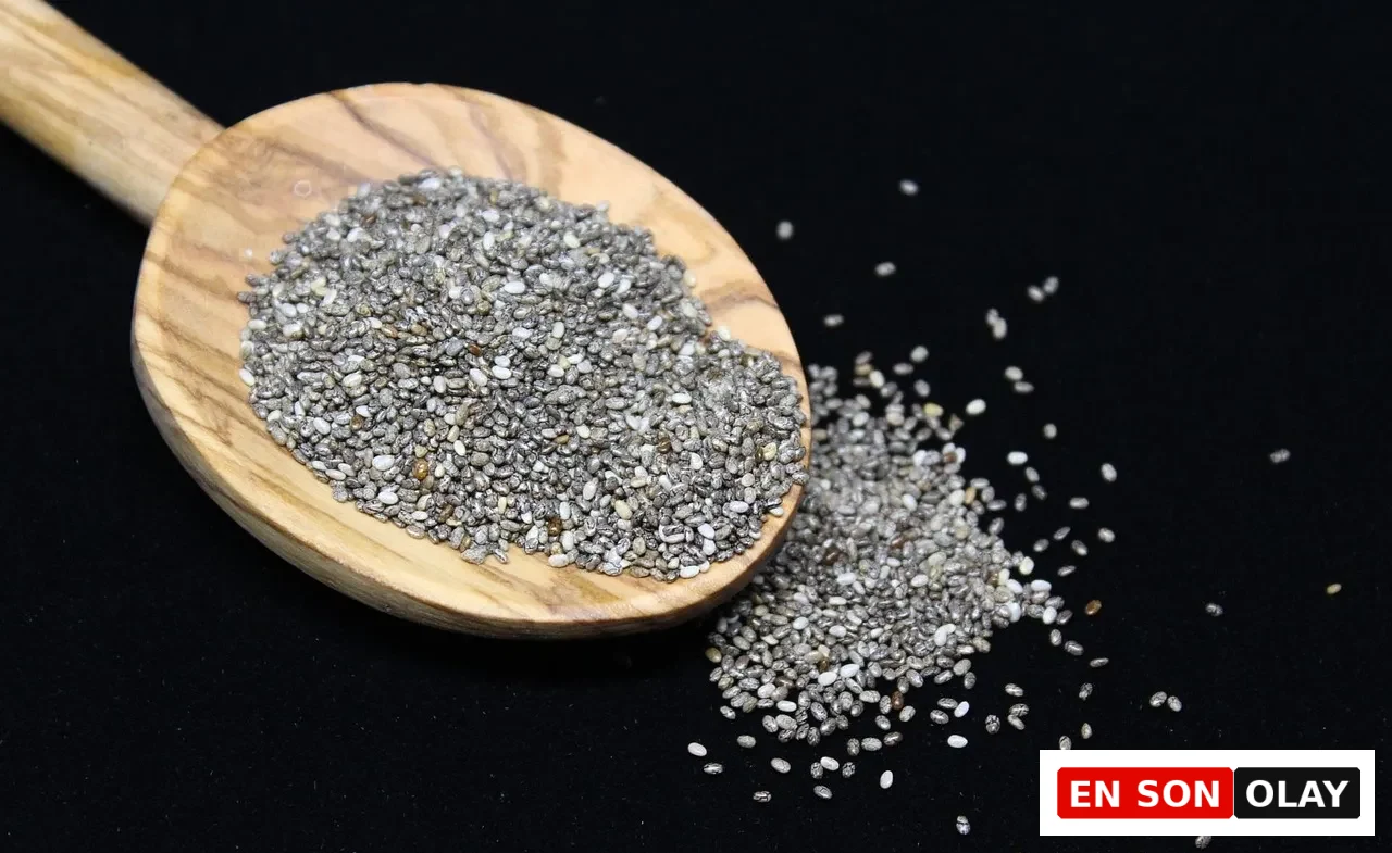 Bir ahşap kaşık dolusu gri ve beyaz renkli küçük oval chia tohumu, siyah bir zemin üzerinde hafifçe dağılmış halde, bilimsel kanıtlarla açıklanan mucizevi faydalarına atıfta bulunarak sağlıklı beslenme içeriğini vurguluyor.