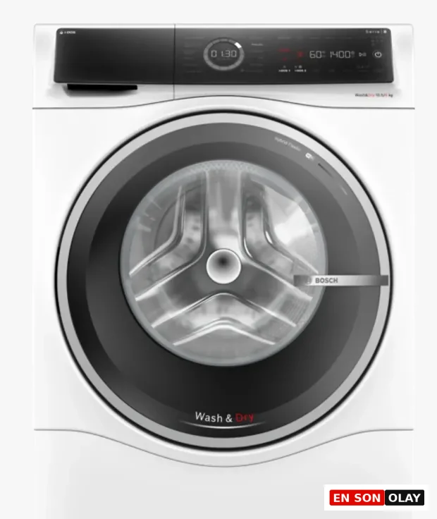 Beyaz renkli Bosch marka önden yüklemeli çamaşır ve kurutma makinesi; geniş siyah çerçeveli cam kapak, dijital kontrol paneli ve “Wash & Dry” ibareli modern tasarım.