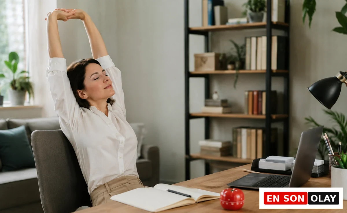 Ofis koltuğunda oturup kollarını başının üzerinde kenetleyerek esneyen, gözleri kapalı dinlenen bir kadın, ev ofis ortamında verimli bir tatil dönüşü için zaman yönetimi ve Pomodoro tekniğiyle odaklanmaya çalışırken huzurlu bir mola veriyor.